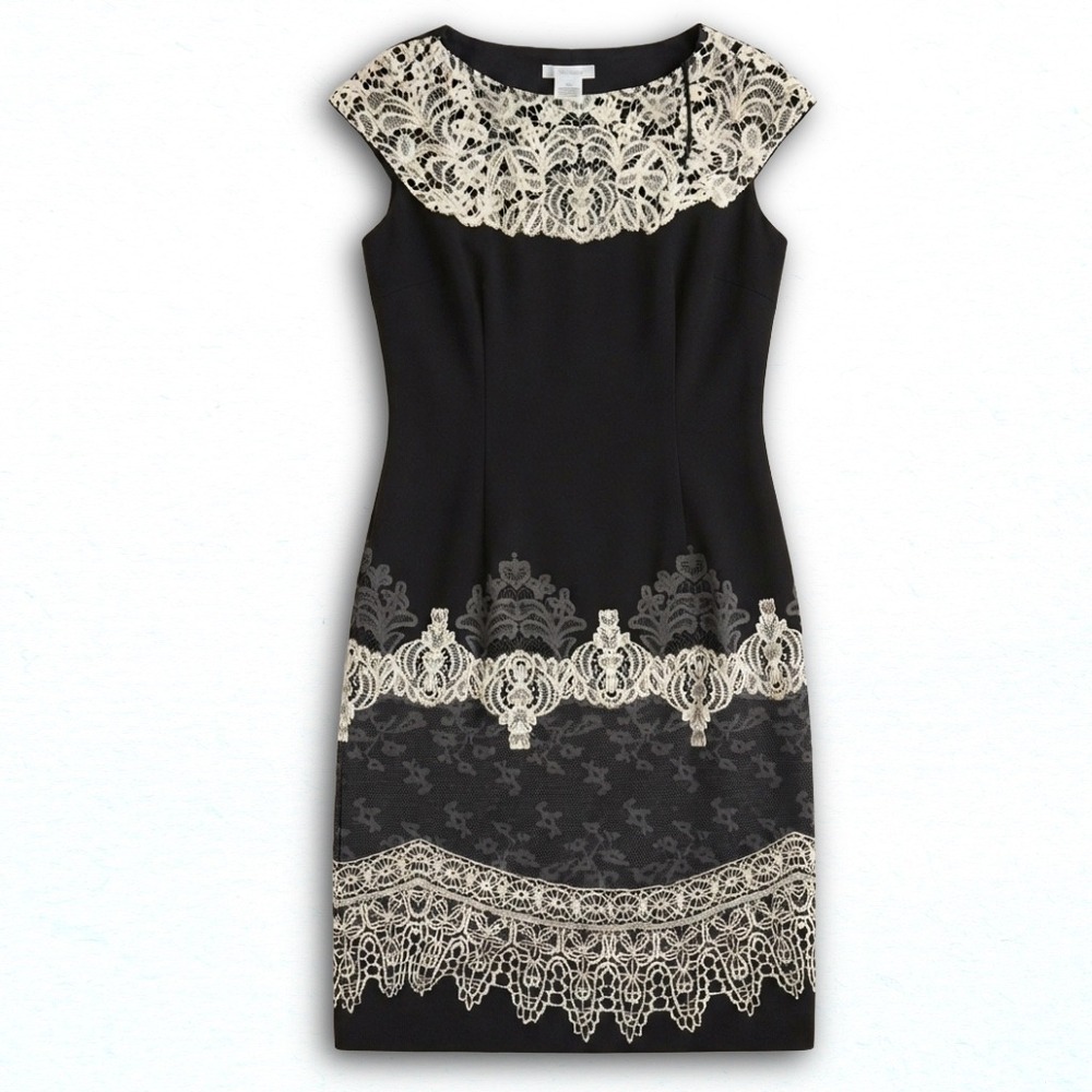 London Times Black White Lace Print Sheath Dress Cap Sleeve Size 6 Cocktail